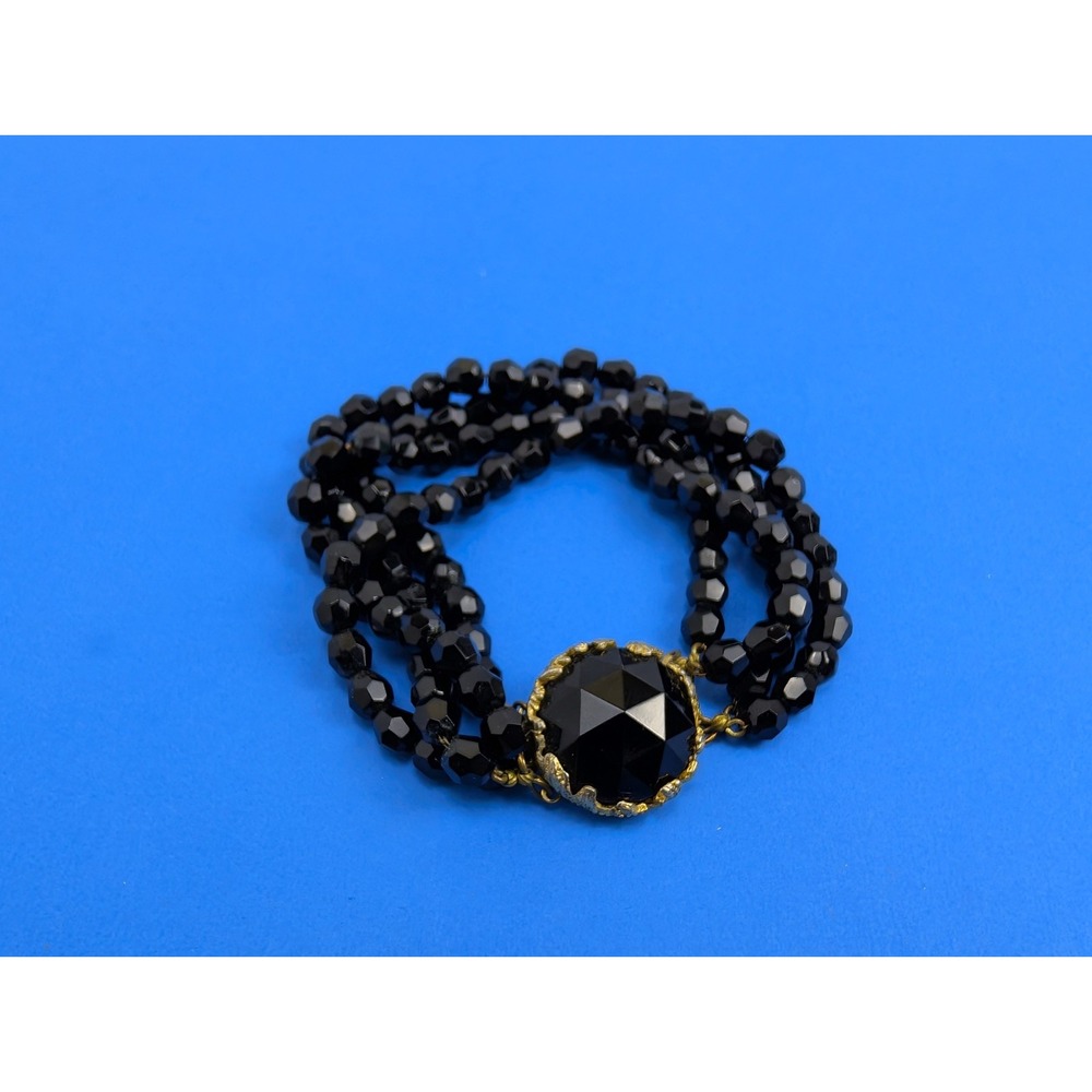 Vintage Jet Black Faceted Stone 4-Strand Bracelet Gold Tone Clasp